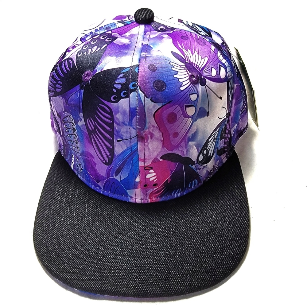 ``H25454 NWT Snapback/Baseball Cap - Purple & Blue Butterflies